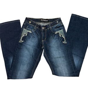 Vintage John Galliano Denim Jeans Leather Flare Flame Embellished Rhinestone Y2K